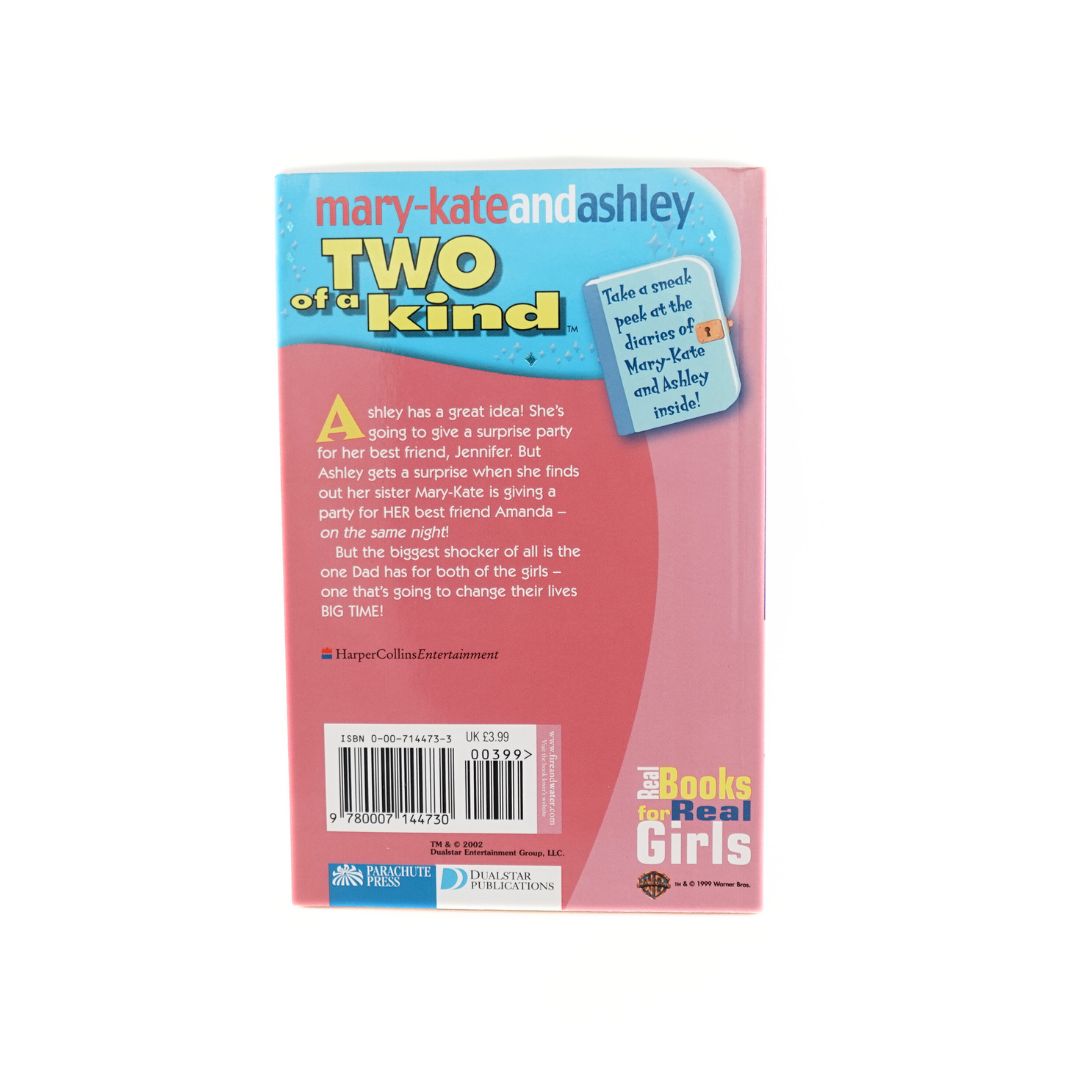 The back cover of the Two of a Kind Lets Party paperback with Mary-Kate and Ashley