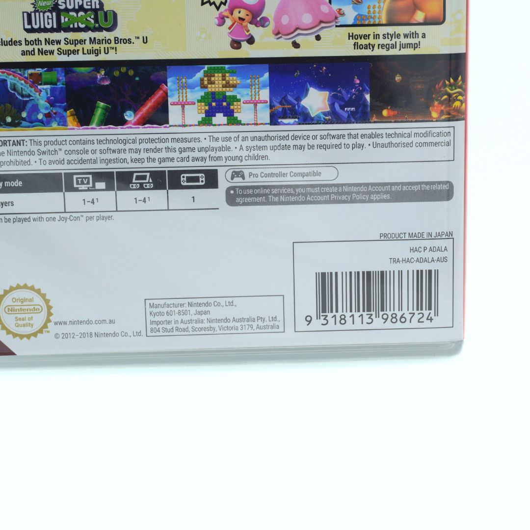 Back cover of a Nintendo Switch game case for a Mario game, showing the product information panel, barcode, and Nintendo branding on a white background.