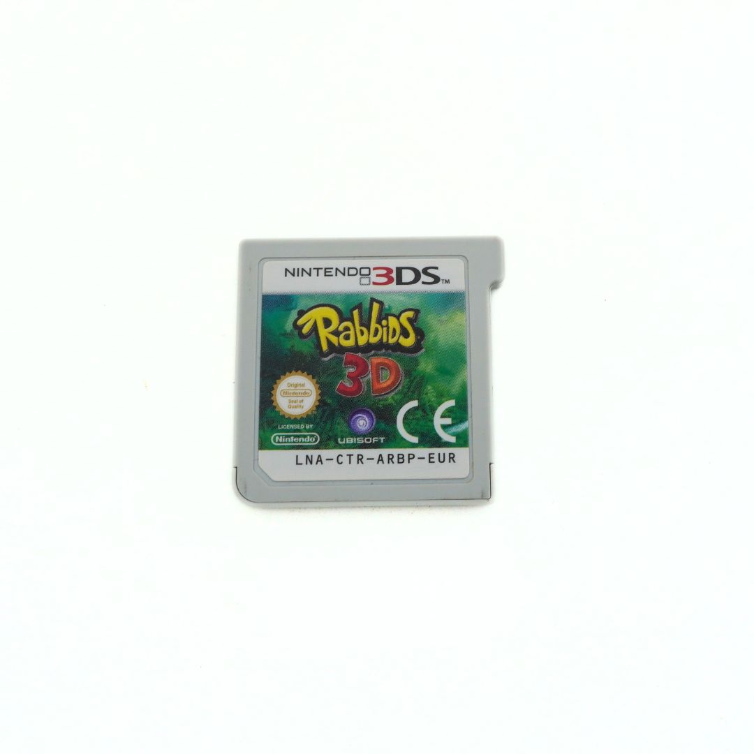 Nintendo 3DS game cartridge with 'Rabbids 3D' branding on a white background
