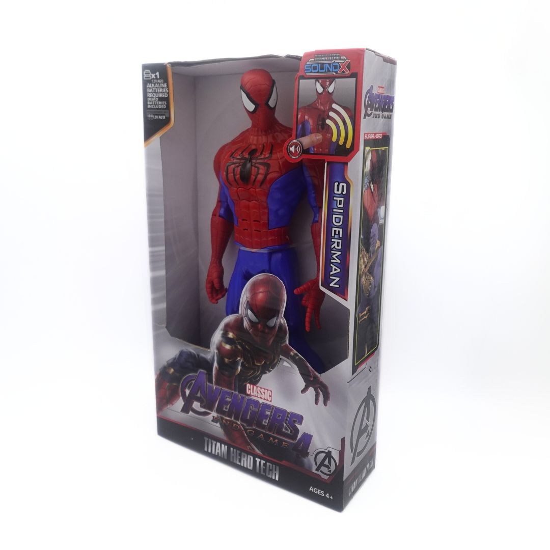 A picture of an Avengers Endgame Spiderman figure in a red and blue costume