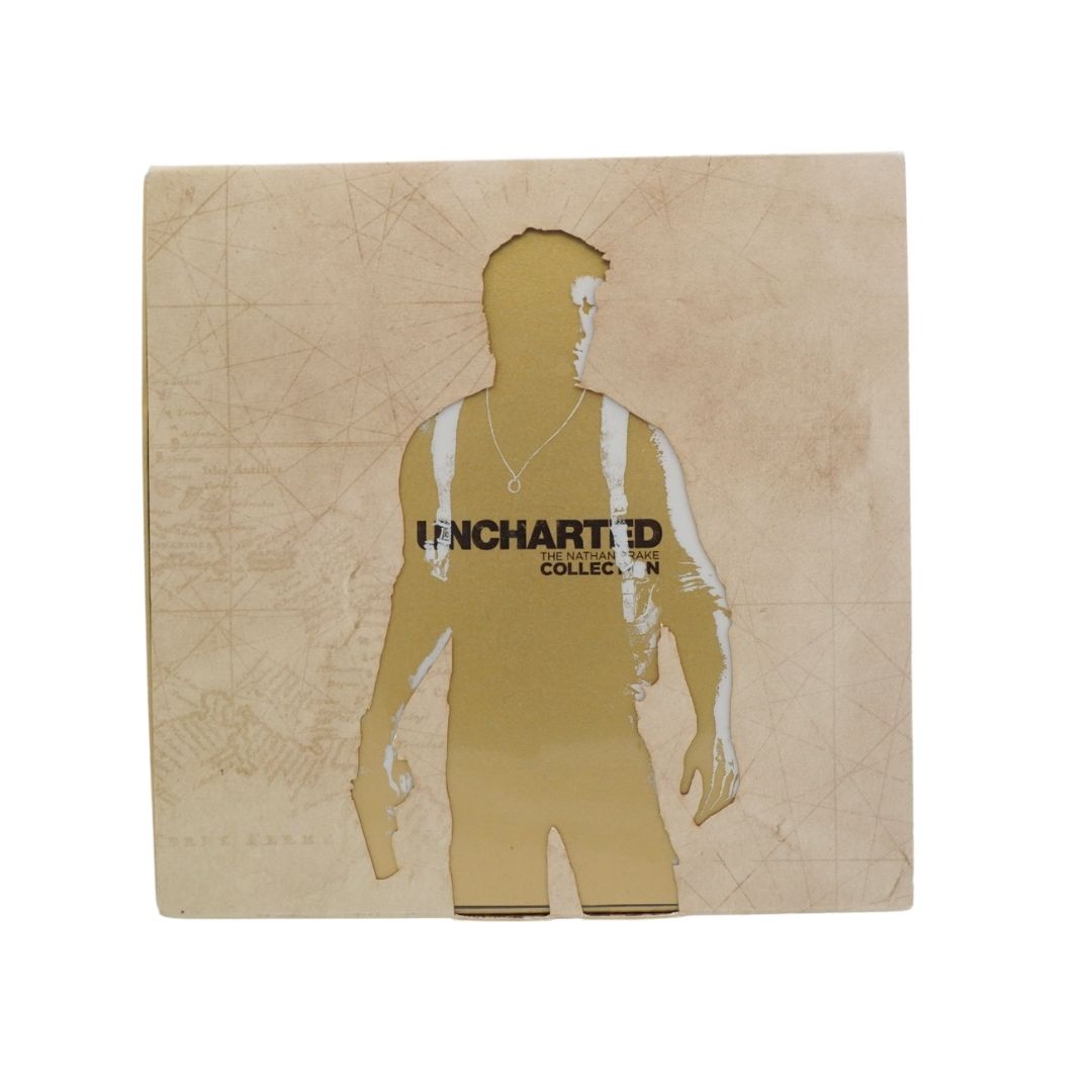 Uncharted 4: Golden Edition game box cover, featuring a gold silhouette of the character against a beige map-patterned background, shown on a plain white background.