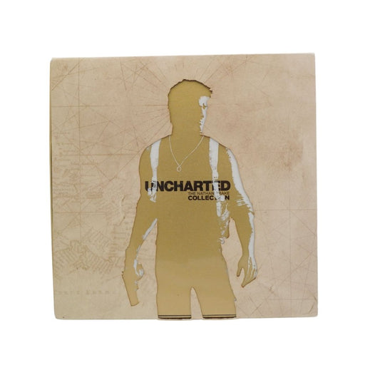 Uncharted 4: Golden Edition game box cover, featuring a gold silhouette of the character against a beige map-patterned background, shown on a plain white background.