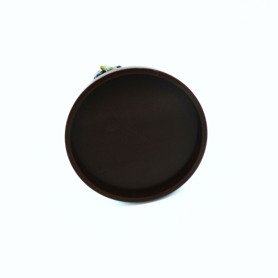 A round, dark brown plastic component, likely a lens cover or protective cap, shown from a top-down view on a plain white background.