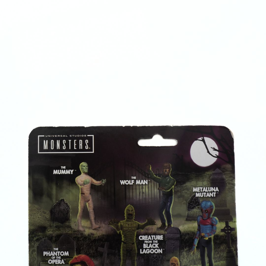 Packaging of Universal Studios Monsters figures including The Mummy, Wolf Man, Metaluna Mutant, Phantom of the Opera, and Creature from the Black Lagoon.