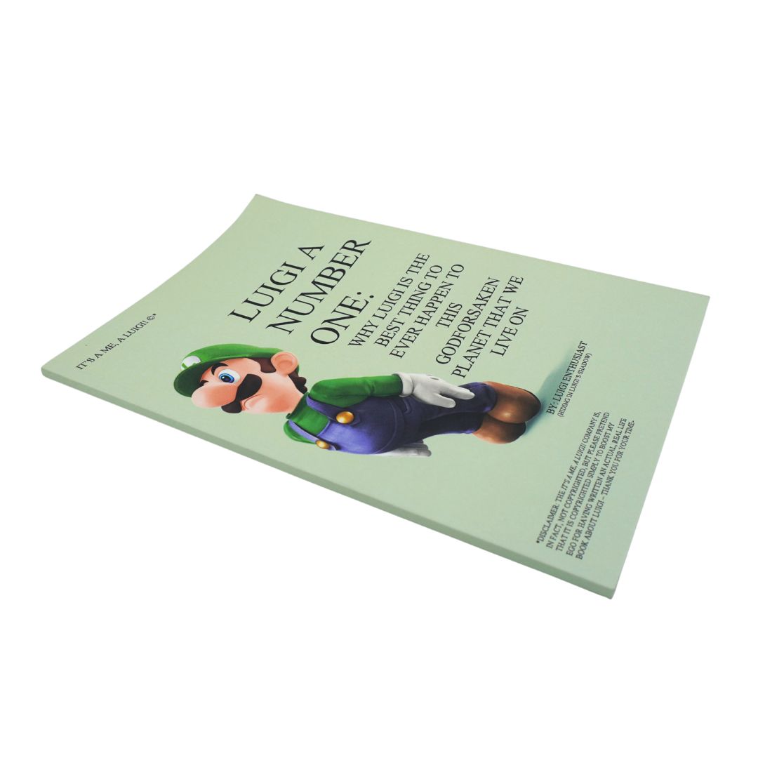 A custom printed book featuring Luigi from the Super Mario franchise on a light sage green background. The poster includes a cartoon illustration of Luigi and the text 'LUIGI A NUMBER ONE: WHY DOES THE BEST JUMPING BOY IN THE EVERBRINGING TOGHE WORLD HAVE TO COME BACKEN PLANET THAT WE LIVE ON'.
