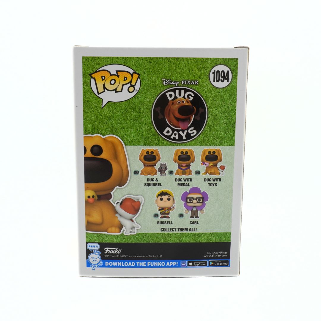Funko Pop! packaging featuring Dug from Disney/Pixar's Up with a green background