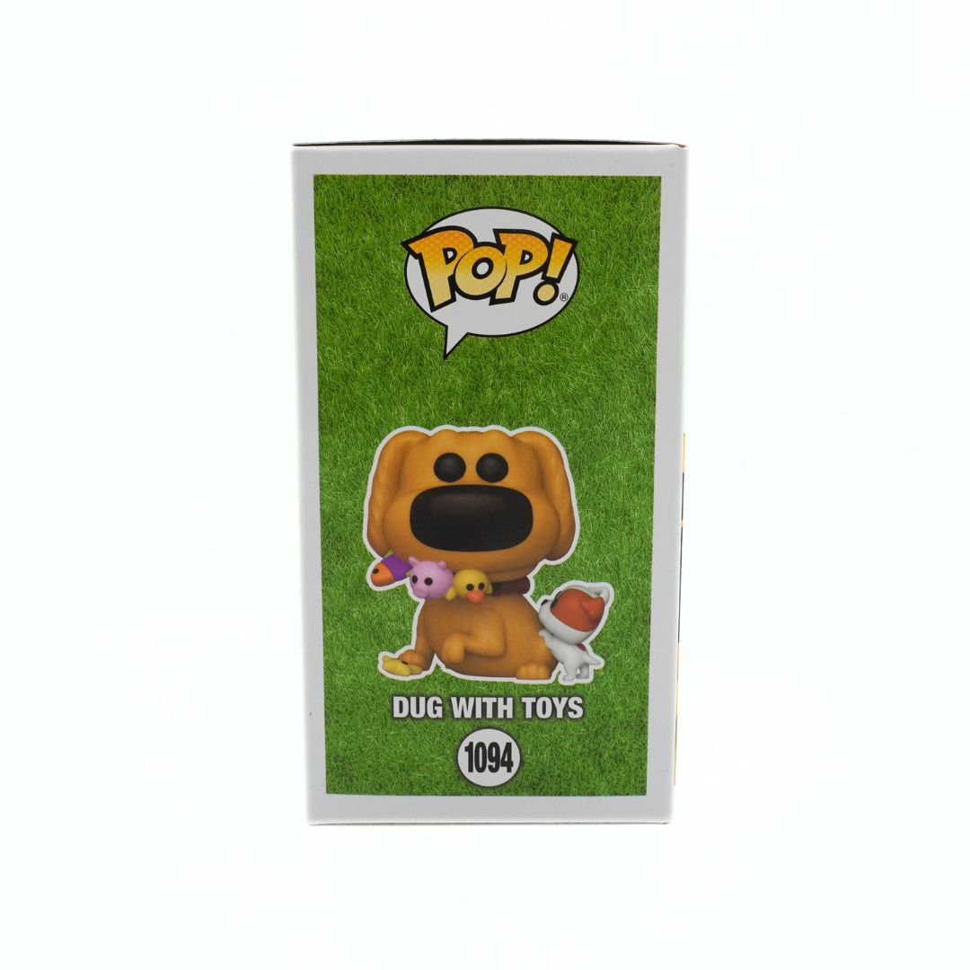 Funko Pop! vinyl figure packaging with a dog character and toys on a green background