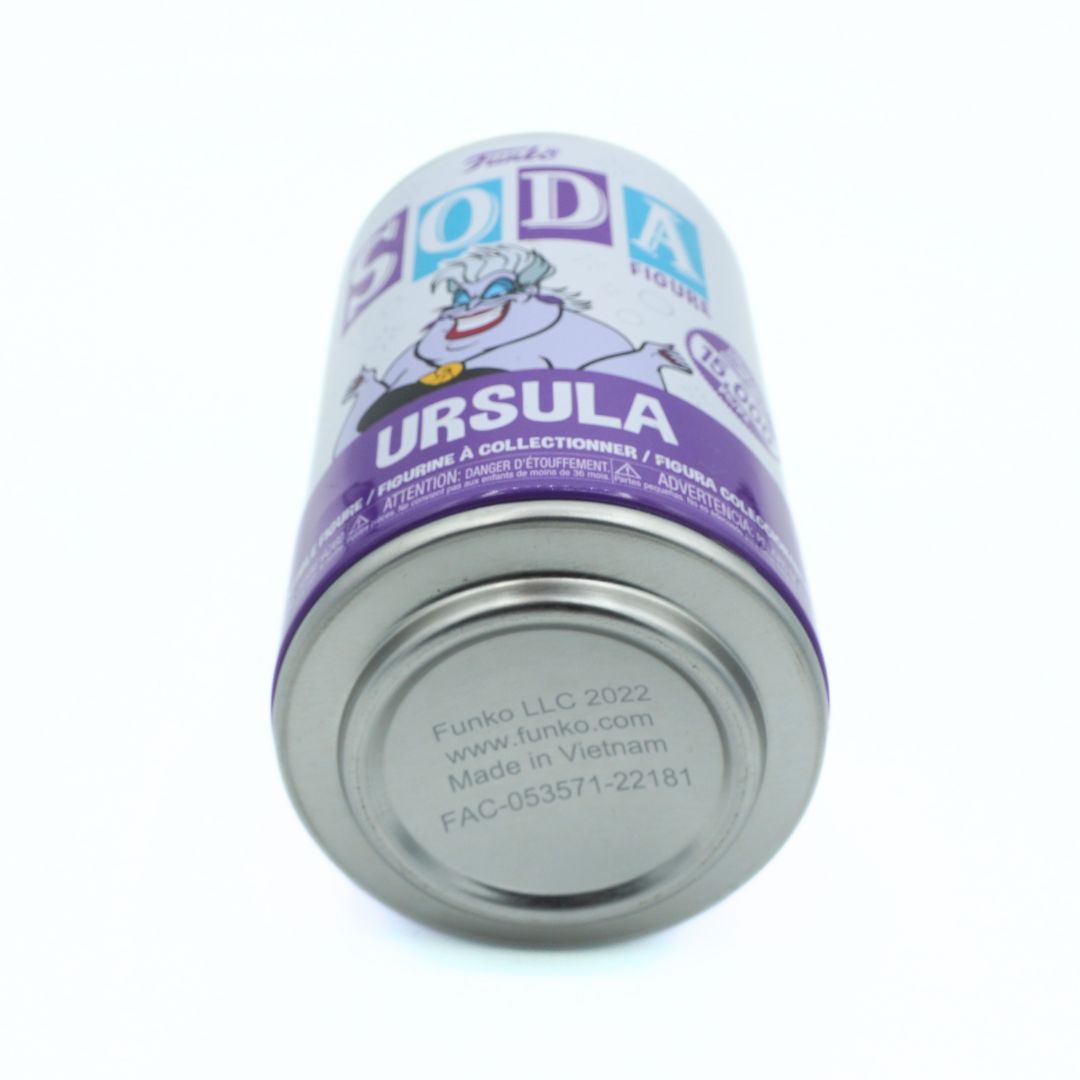 A Funko Soda Ursula collector's can, showing the metallic silver bottom with printed manufacturing details, on a clean white background.