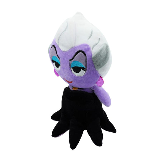Plush toy of a character with purple skin, white hair, and black outfit on a white background