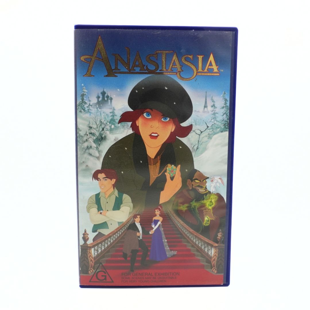 VHS cover of the movie 'Anastasia' with characters and snowy background