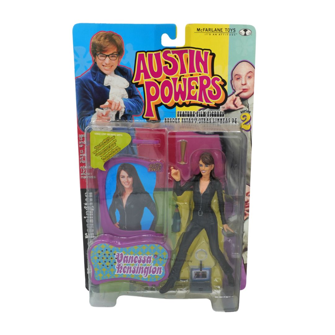 Action figure packaging for 'Austin Powers' featuring a character in a black outfit with a clear window