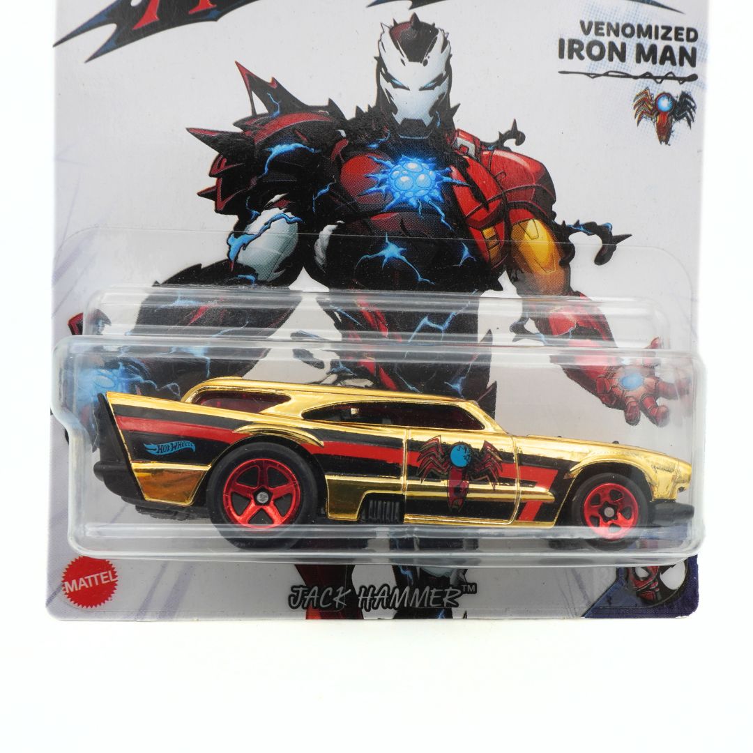 Toy car in packaging with 'Venomized Iron Man' character on the back