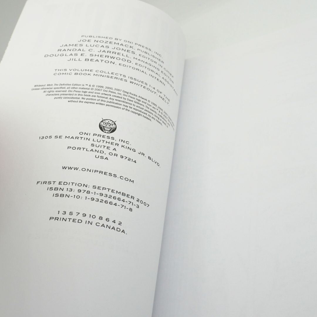 Publishing page for Whiteout Volume 2 featuring black text on white paper