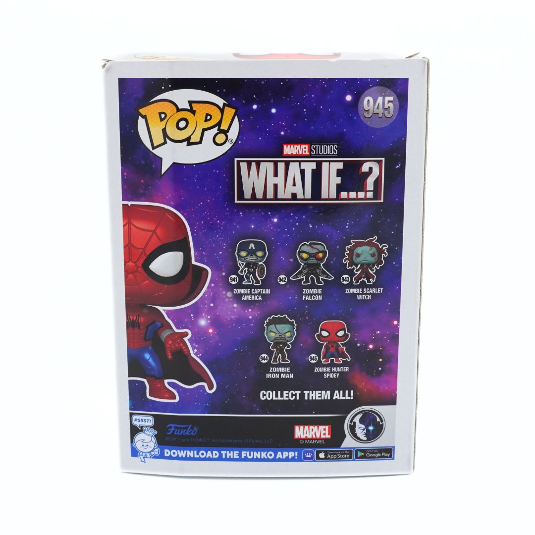 Funko Pop! Marvel Studios What If box featuring a range of Zombie themed superheroes on a purple galaxy design