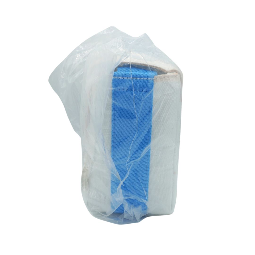 A white fabric pouch or sleeve with a bright blue vertical panel, wrapped in a clear plastic protective cover, shown on a plain white background.