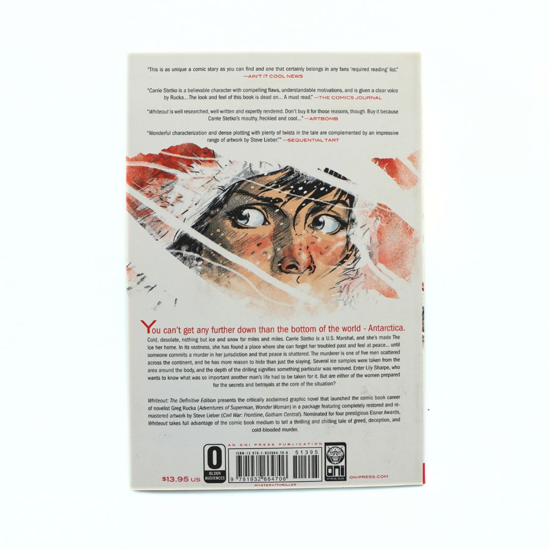 Back cover of Whiteout Volume 1 showing an illustration of a woman with black hair