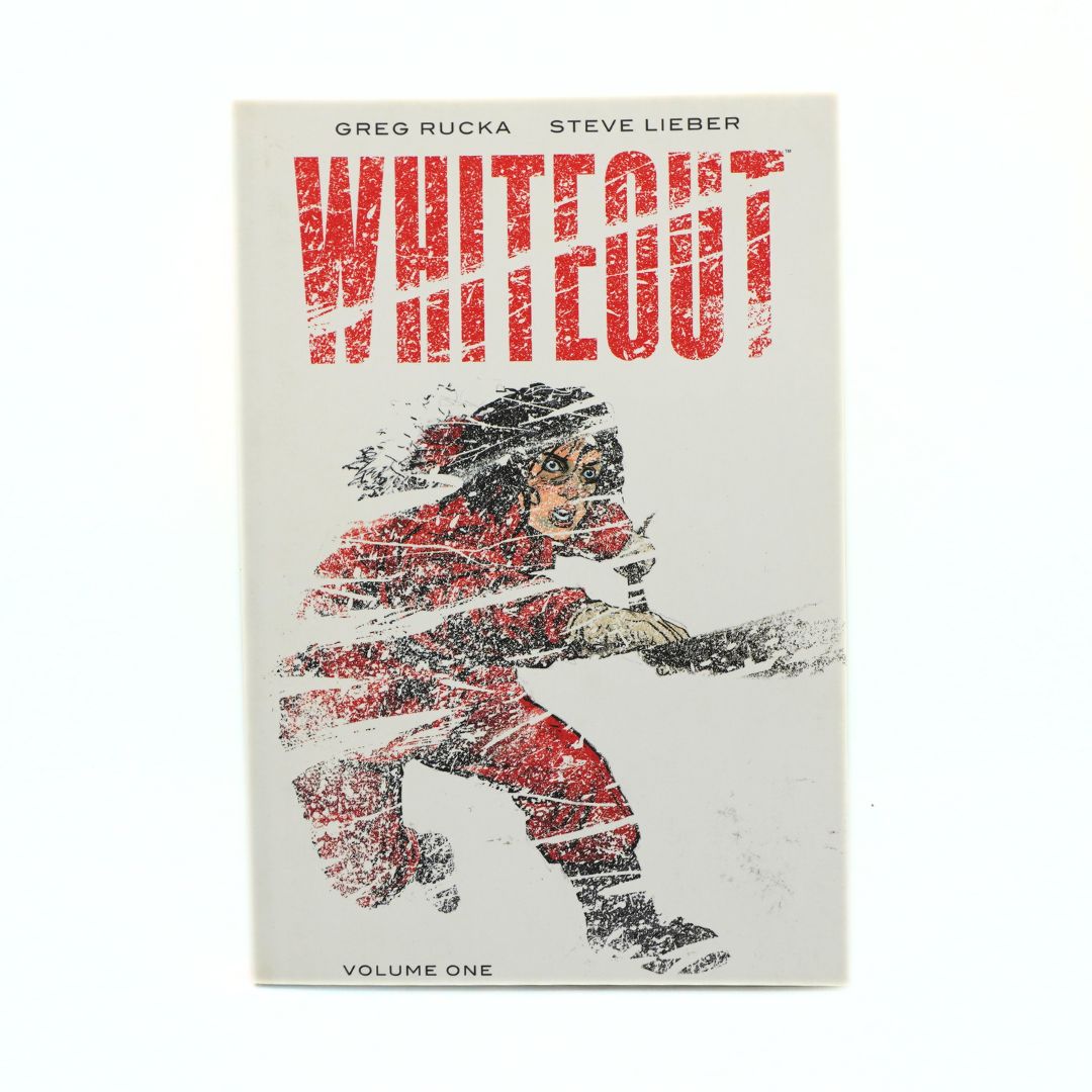 Cover of the graphic novel Whiteout with a which background and red font