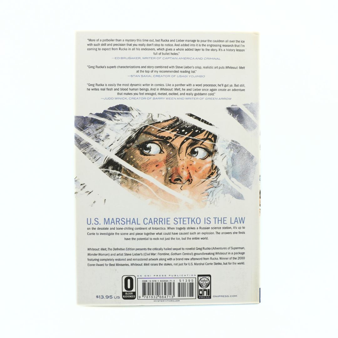 The back cover of the book 'Whiteout'  featuring a detailed illustration of a woman's face, set against a cream-colored background with text and a barcode.