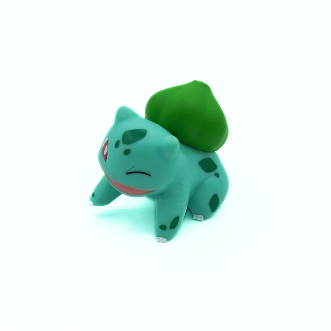 Green plush toy with a leaf on its back on a white background