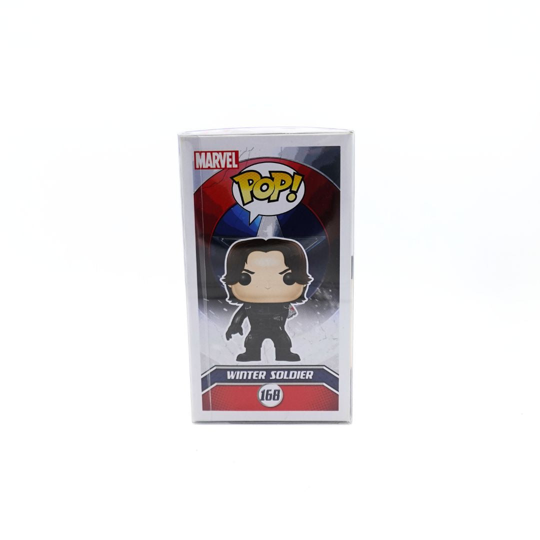 Side on image of the Winter Soldier 168 Funko Pop in its original packaging