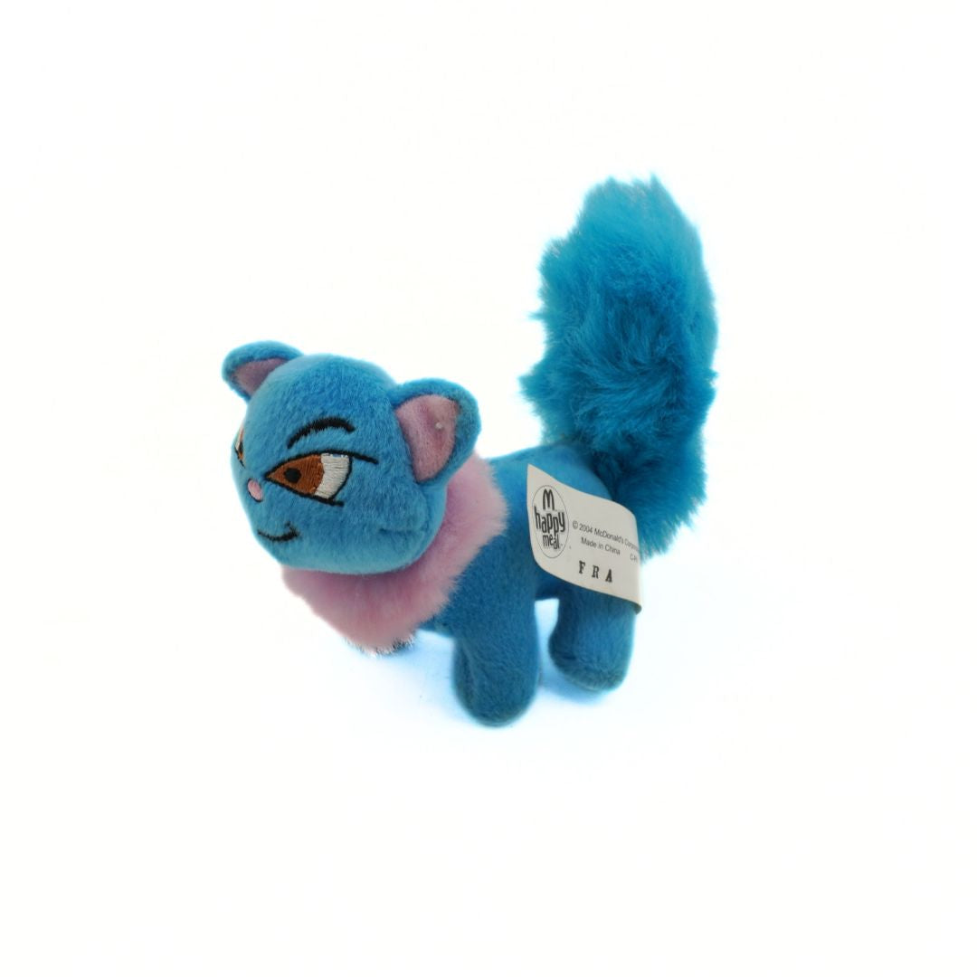 Blue plush toy with a tag on a white background