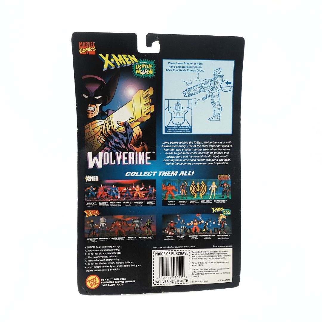 Cardback on the 1996 Wolverine Classics figurine showing the other toys in the range and the accessories included