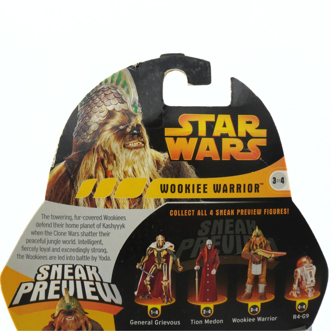 Star Wars Wookiee Warrior figure packaging with character image and text.