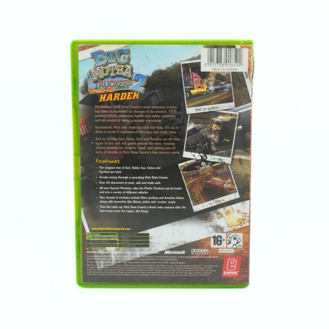 Back cover of 'Big Mutha Trucker 2' video game packaging on a white background