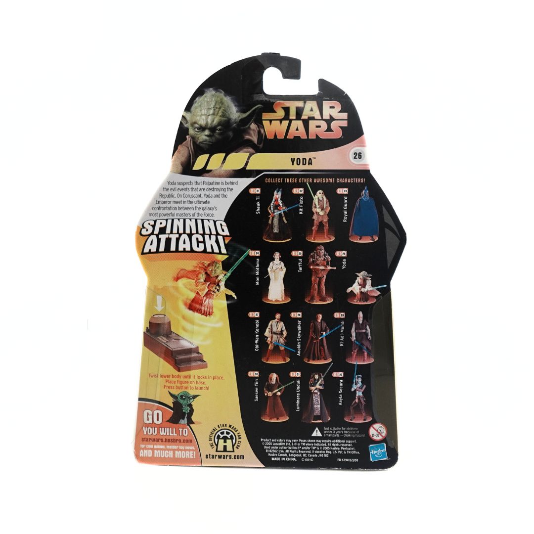 Photo of the back of a Star Wars Yoda Spinning Attack cardback showing the other characters in the series