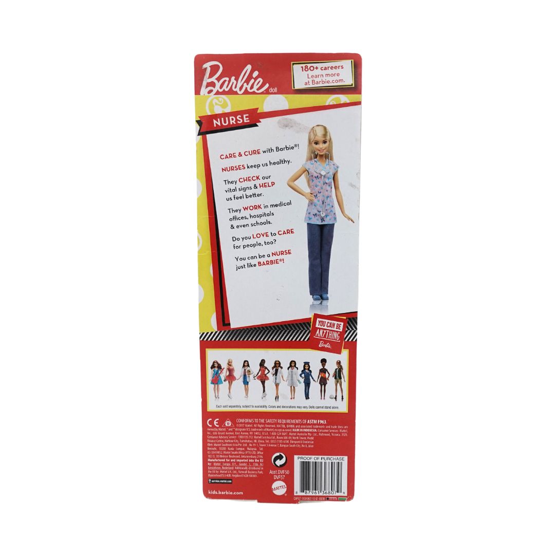 Back of a nurse Barbie doll box describing the role of the nurse and showing some of the other Barbies in the collection
