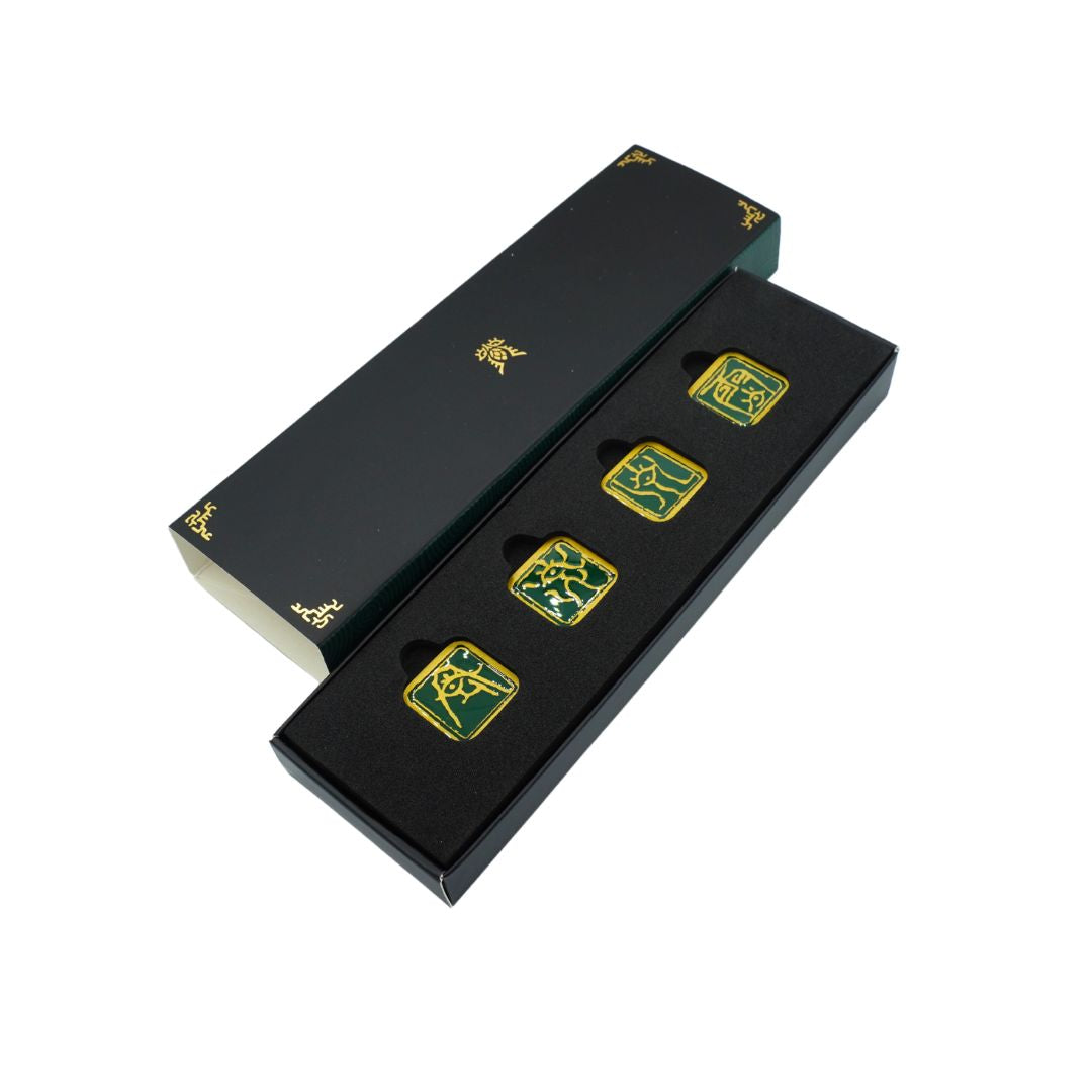 Green and gold limited edition Zelda Tears of the kingdom pin set in a black box