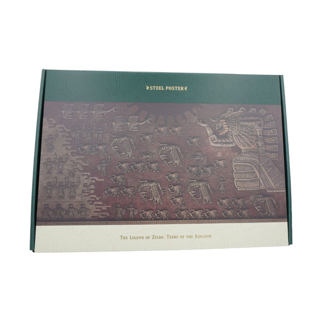 Green and brown box holding a Zelda Tears of the Kingdom Steel Poster