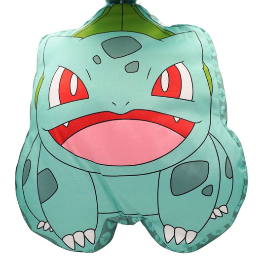 Plush toy shaped like a character with a green body, red eyes, and pink mouth on a white background
