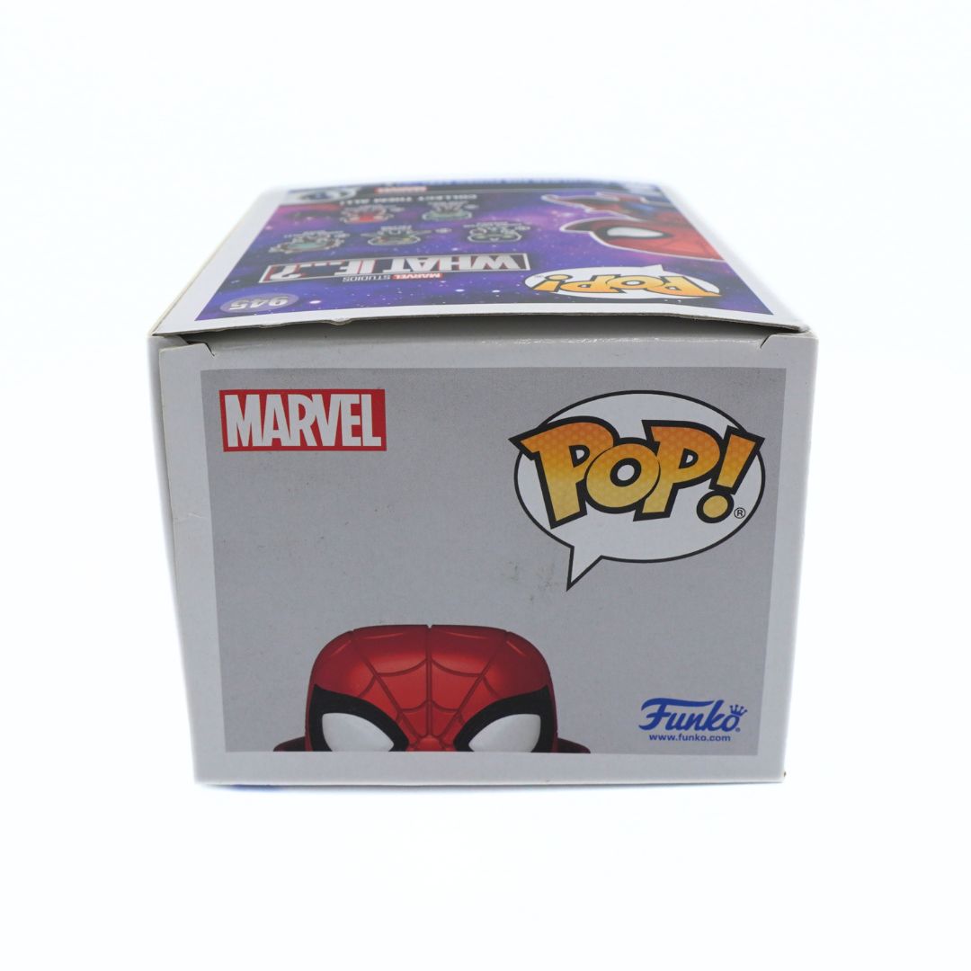 A Funko Pop! Marvel Spider-Man blind box, showing the front and top panels with the Marvel logo, a speech bubble reading 'POP!', and a partial graphic of Spider-Man's mask on a white background.