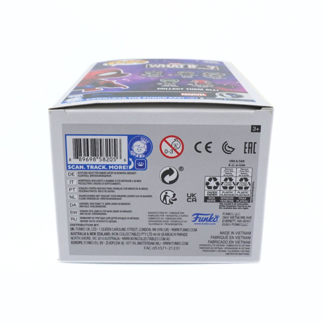 The back of a Funko Pop collectible toy box, showing product details, barcodes, and regulatory logos on a white background.