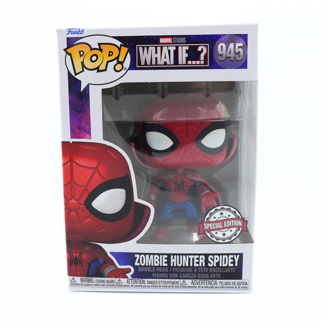 Funko Pop! Marvel Studios What If? Zombie Hunter Spidey 945 Special Edition vinyl figure in its original window box packaging.