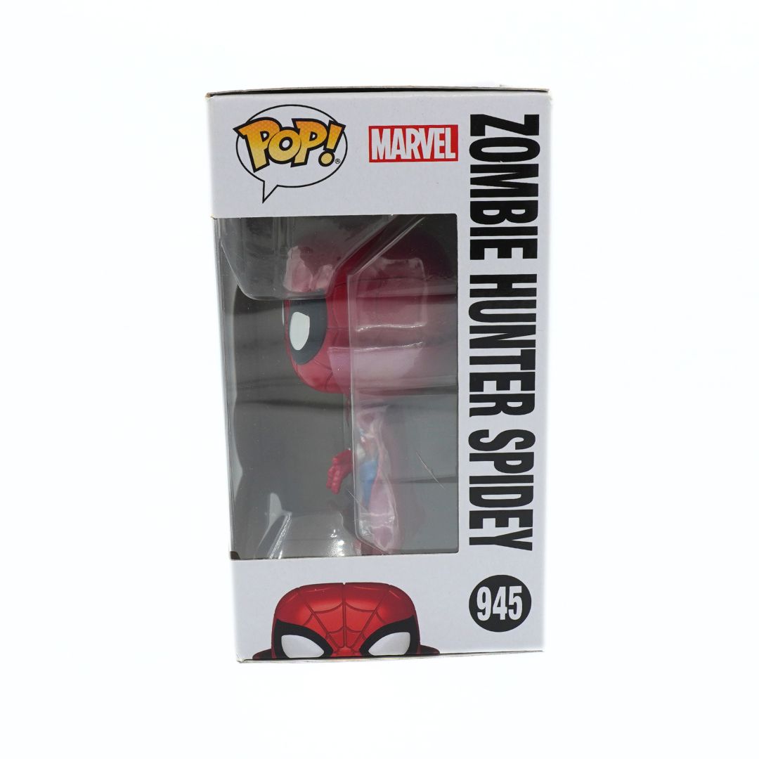 Funko Pop! Marvel Zombie Hunter Spider-Man vinyl figure in its original window box packaging, featuring a red and black spider design with white text on a white background.