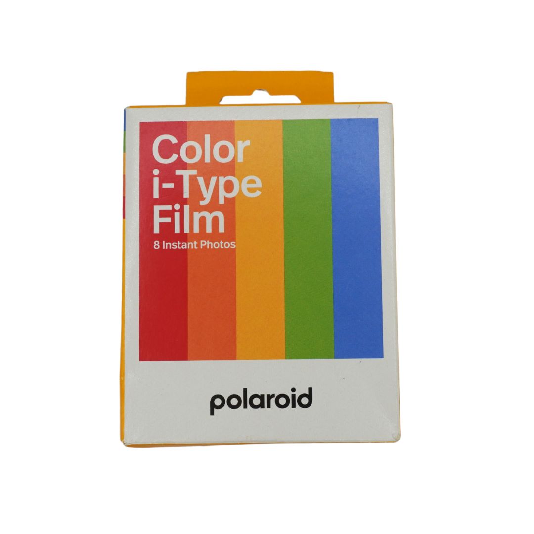 Polaroid Color i-Type Film 8 Instant Photos packaging box, featuring the classic rainbow stripe design on a white background with an orange hanging tab.