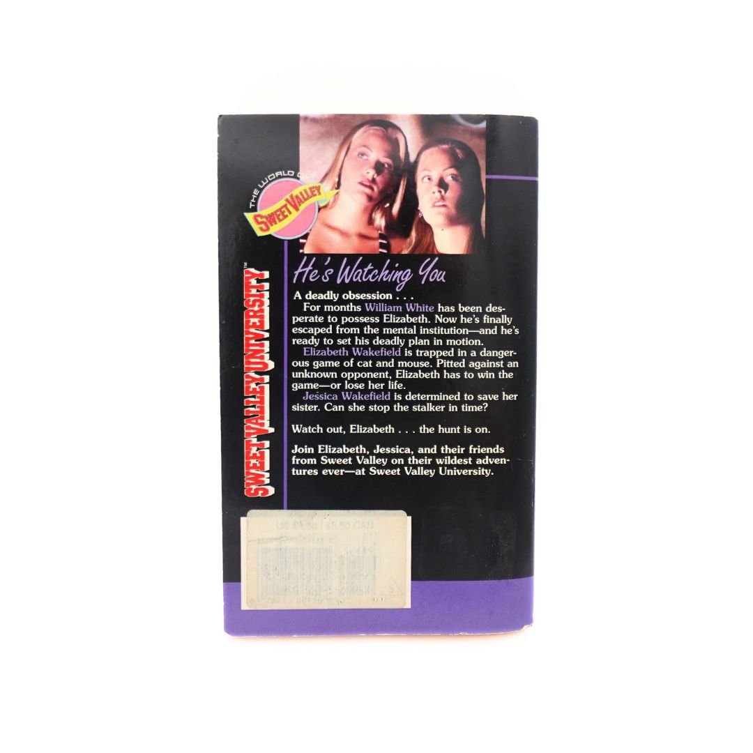 Back cover of the 1995 Sweet Valley University He's Watching You paperback